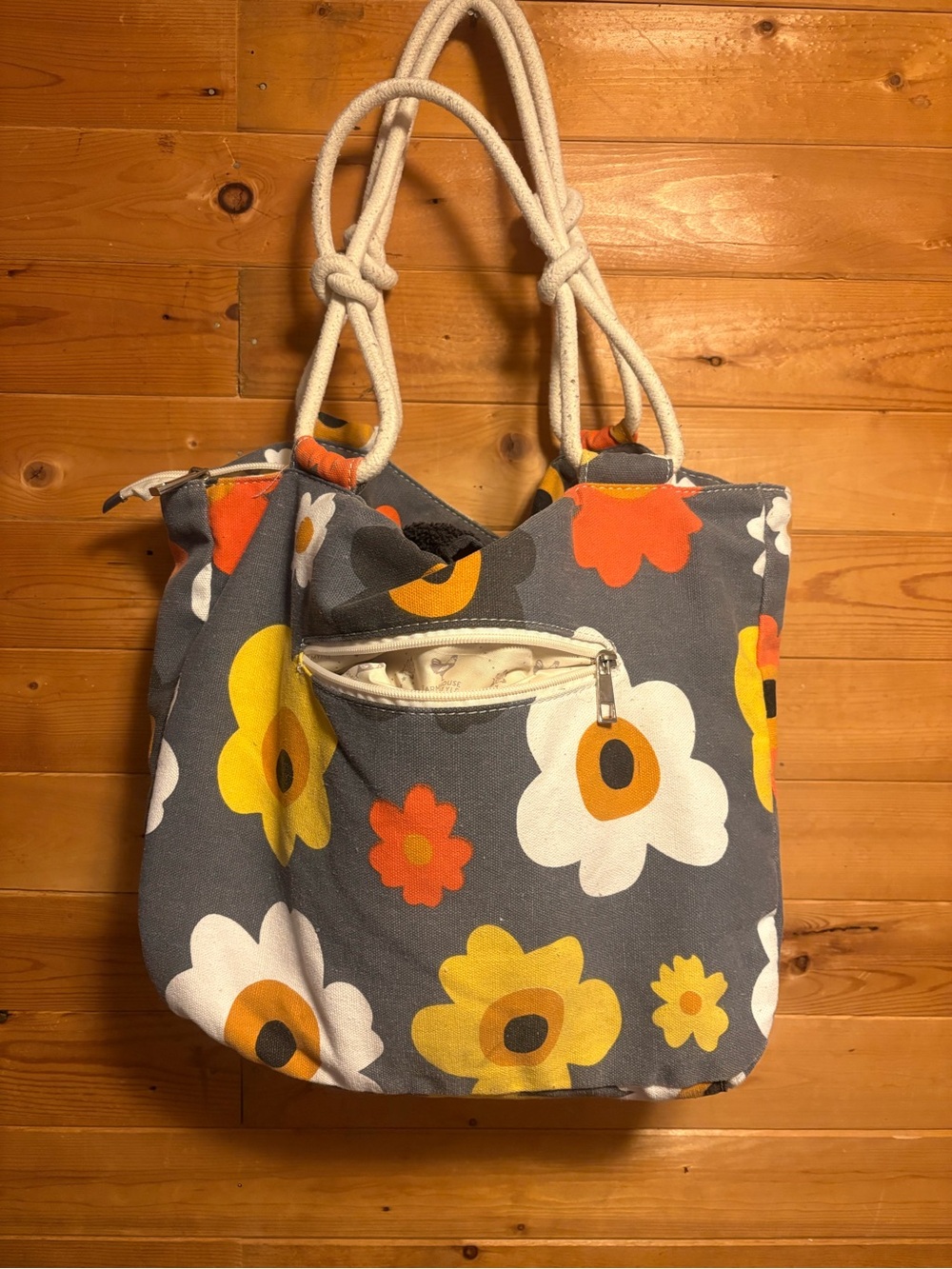 Floral Canvas Tote Bag with Rope Handles - Gray and Yellow